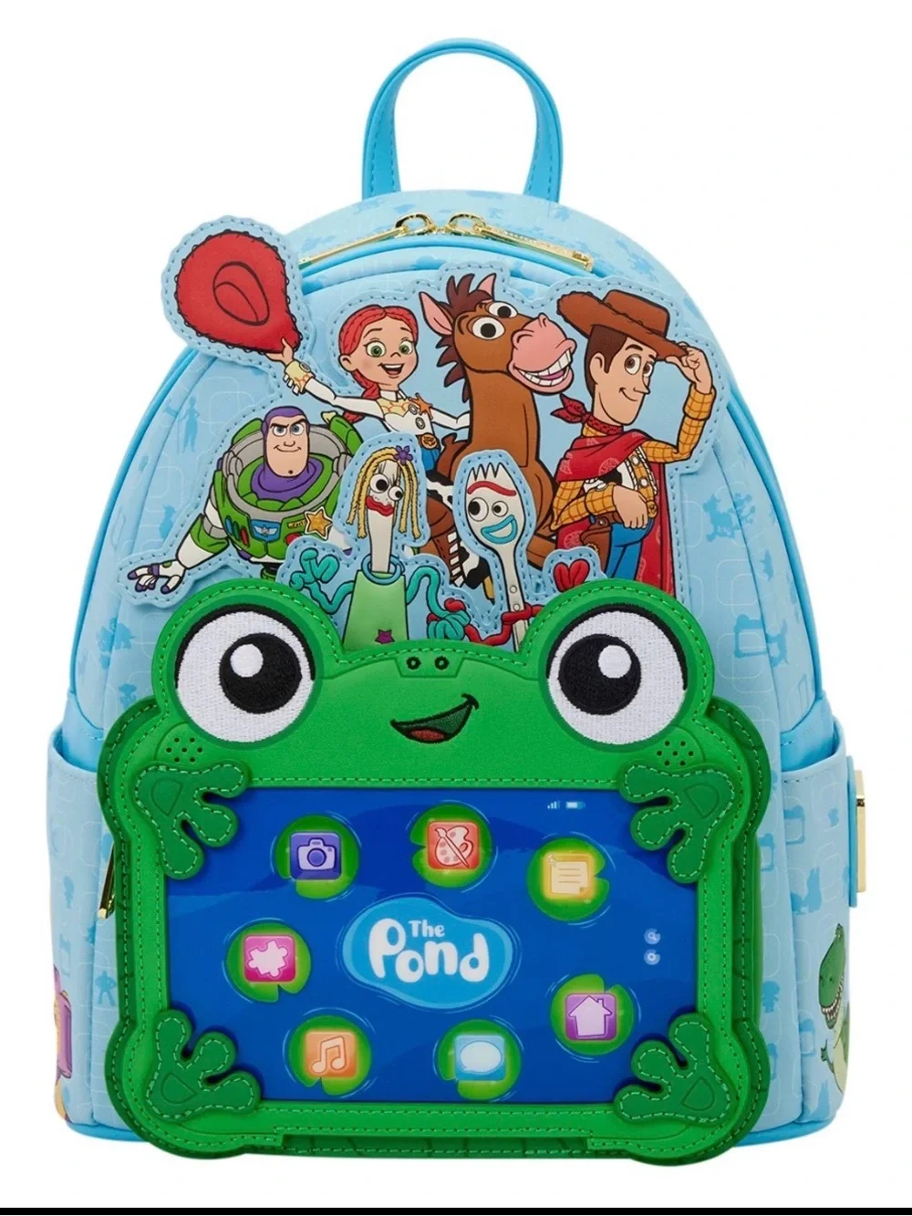 Loungefly Blue Kids Backpack with Green Frog and Toy Story Icons